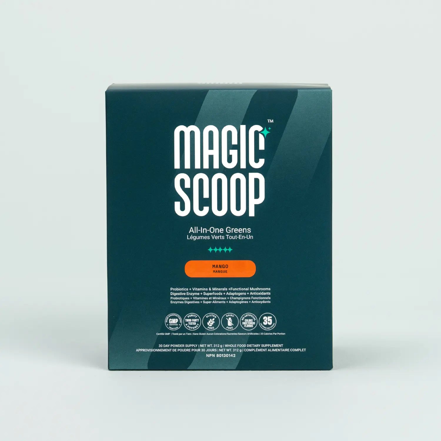 Magic Scoop All-in-One Greens 30-Day Stick Packs in Mango flavour, featuring probiotics, vitamins, minerals, functional mushrooms, and digestive enzymes