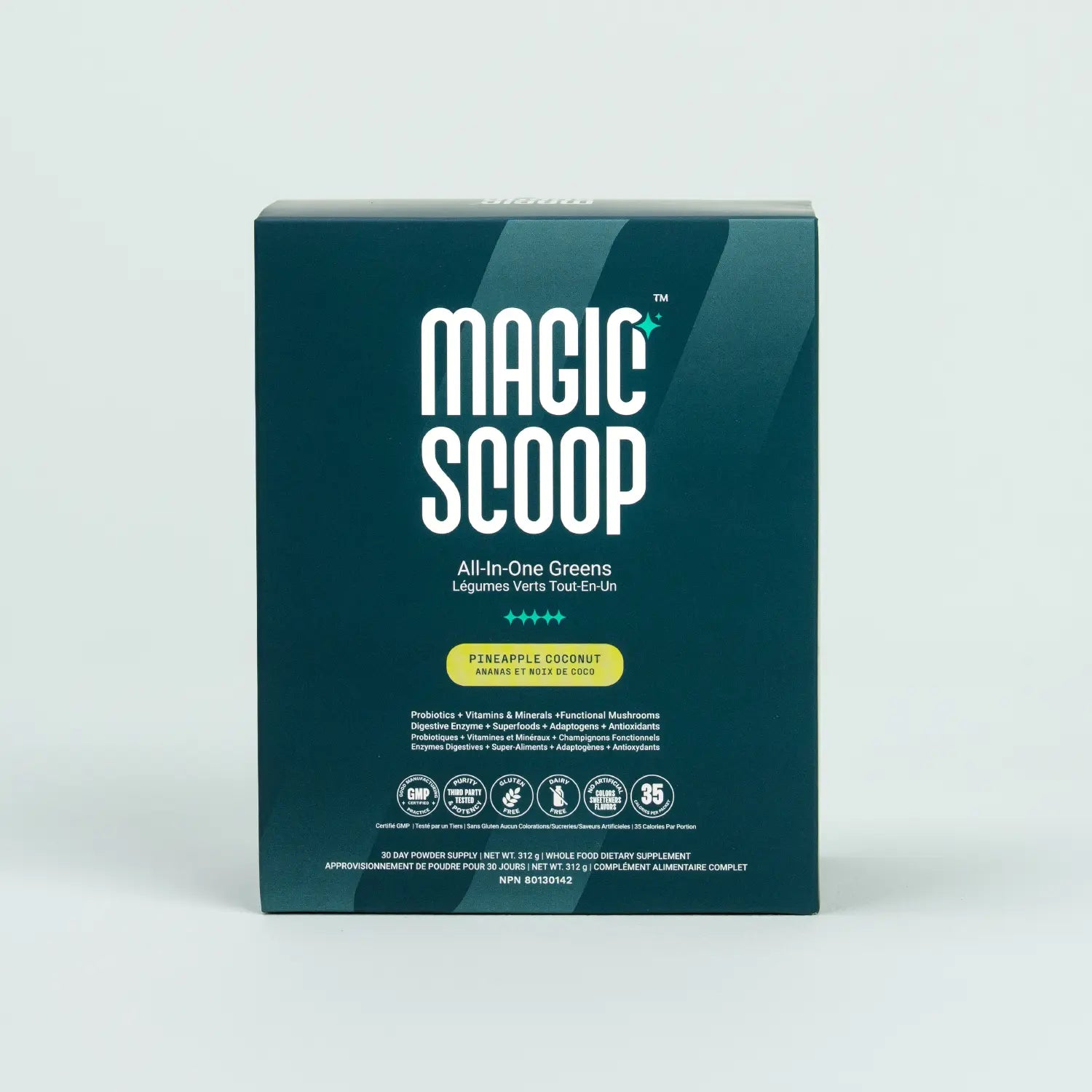 Magic Scoop All-in-One Greens 30-Day Stick Packs in Pineapple Coconut flavour, featuring probiotics, vitamins, minerals, functional mushrooms, and digestive enzymes