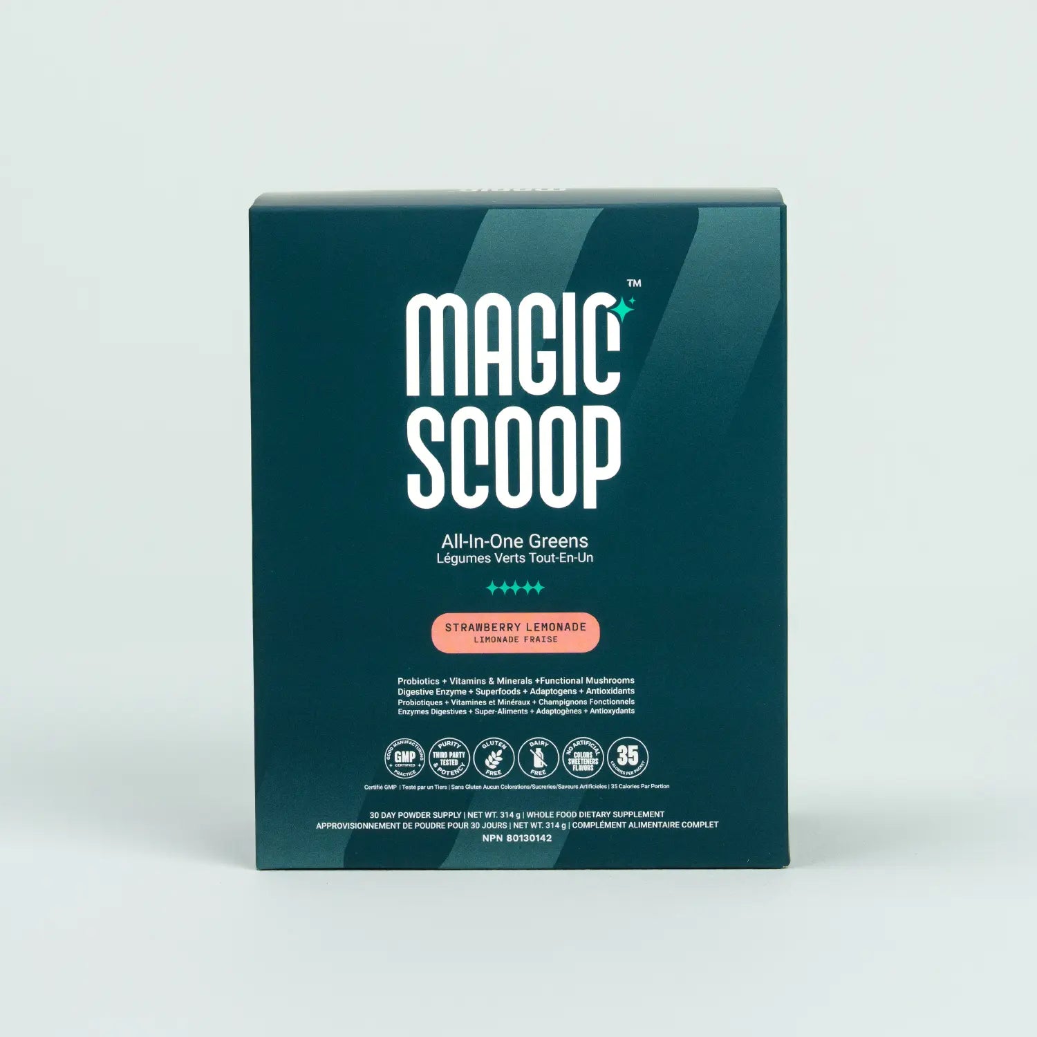 Magic Scoop All-in-One Greens 30-Day Stick Packs in Strawberry Lemonade flavour, featuring probiotics, vitamins, minerals, functional mushrooms, and digestive enzymes
