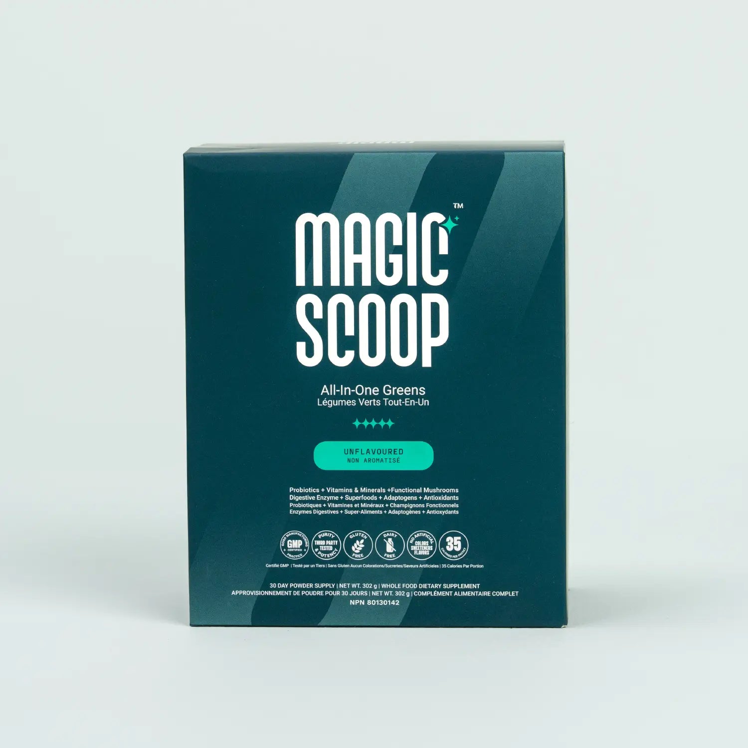 Magic Scoop All-in-One Greens 30-Day Stick Packs in Unflavoured flavour, featuring probiotics, vitamins, minerals, functional mushrooms, and digestive enzymes