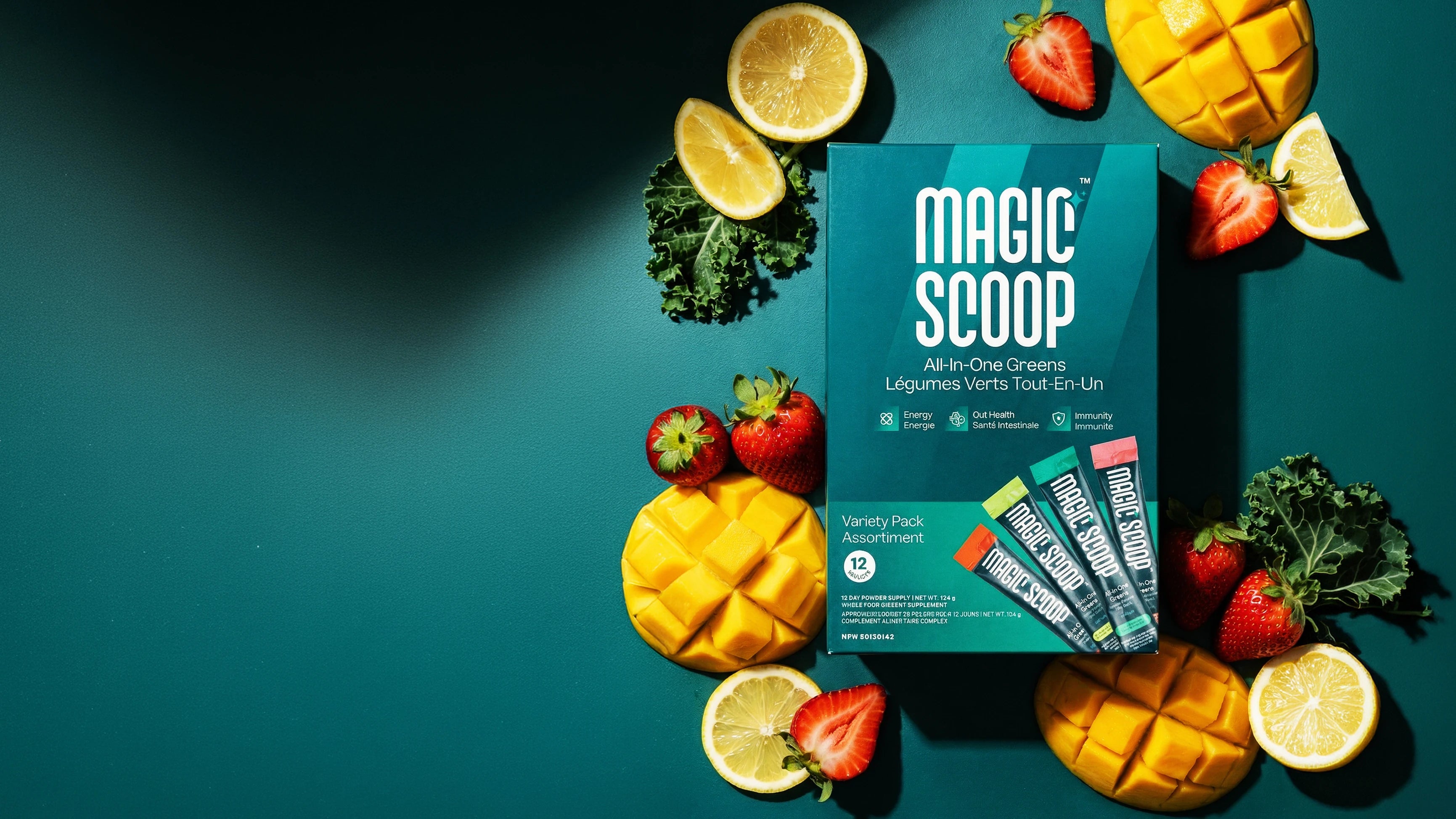 Magic Scoop 12-Day Variety Pack All-In-One Greens with four flavours including Pineapple Coconut, Strawberry Lemonade, Mango, and Unflavoured.