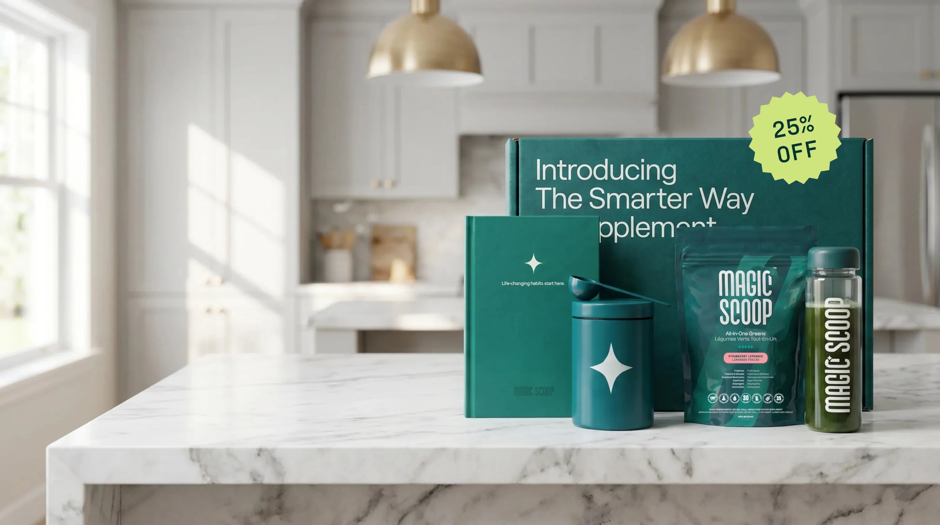 Magic Scoop All-In-One Greens Free Starter Kit on a marble kitchen counter, featuring the Strawberry Lemonade Pouch, teal Canister with Scoop, Shaker Bottle, and new Daily Journal, with 25% off.