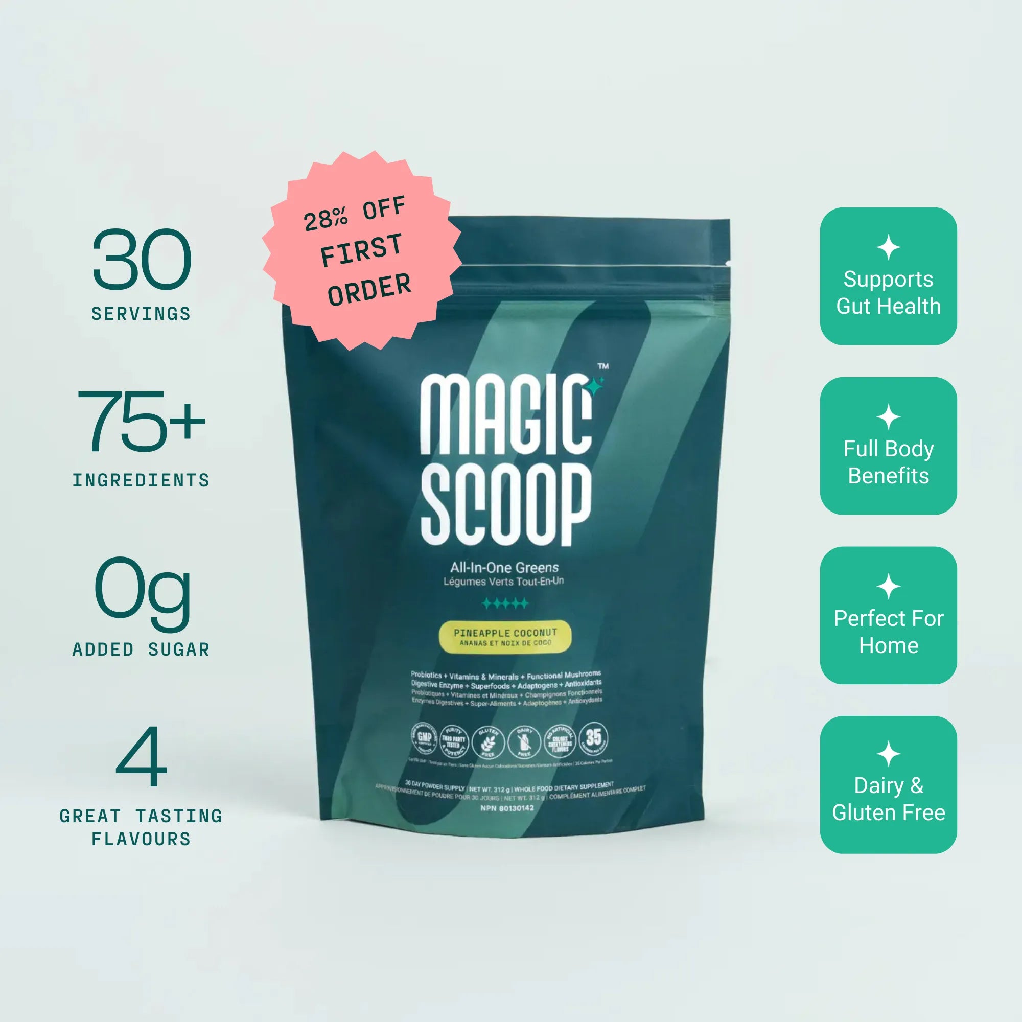 Magic Scoop All-In-One Greens Pineapple Coconut superfood greens powder with 75+ ingredients, 30 servings, 0g added sugar, convenient daily stick pack supplement supporting gut health and wellness.