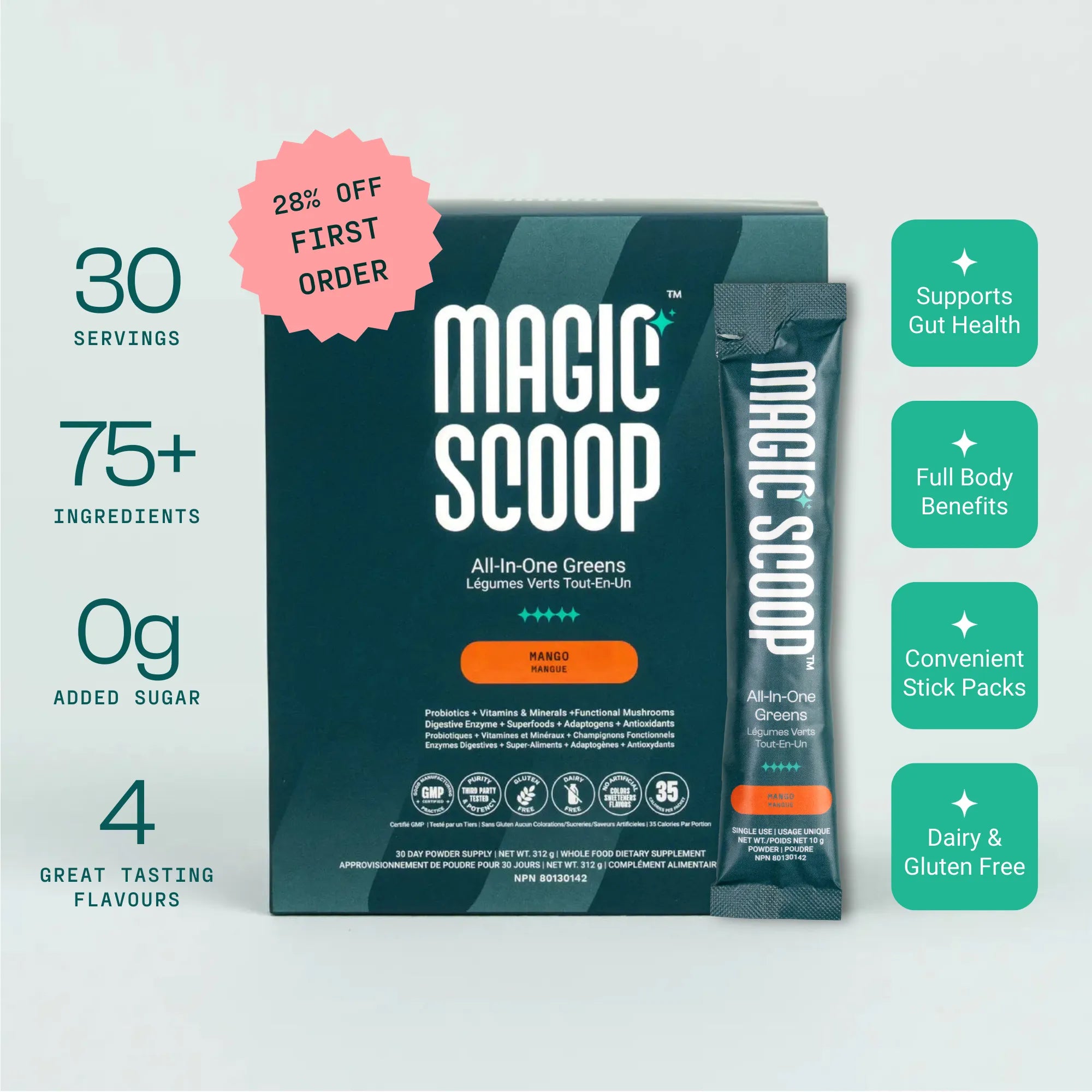 Magic Scoop All-In-One Greens Mango superfood greens powder with 75+ ingredients, 30 servings, 0g added sugar, convenient daily stick pack supplement supporting gut health and wellness.