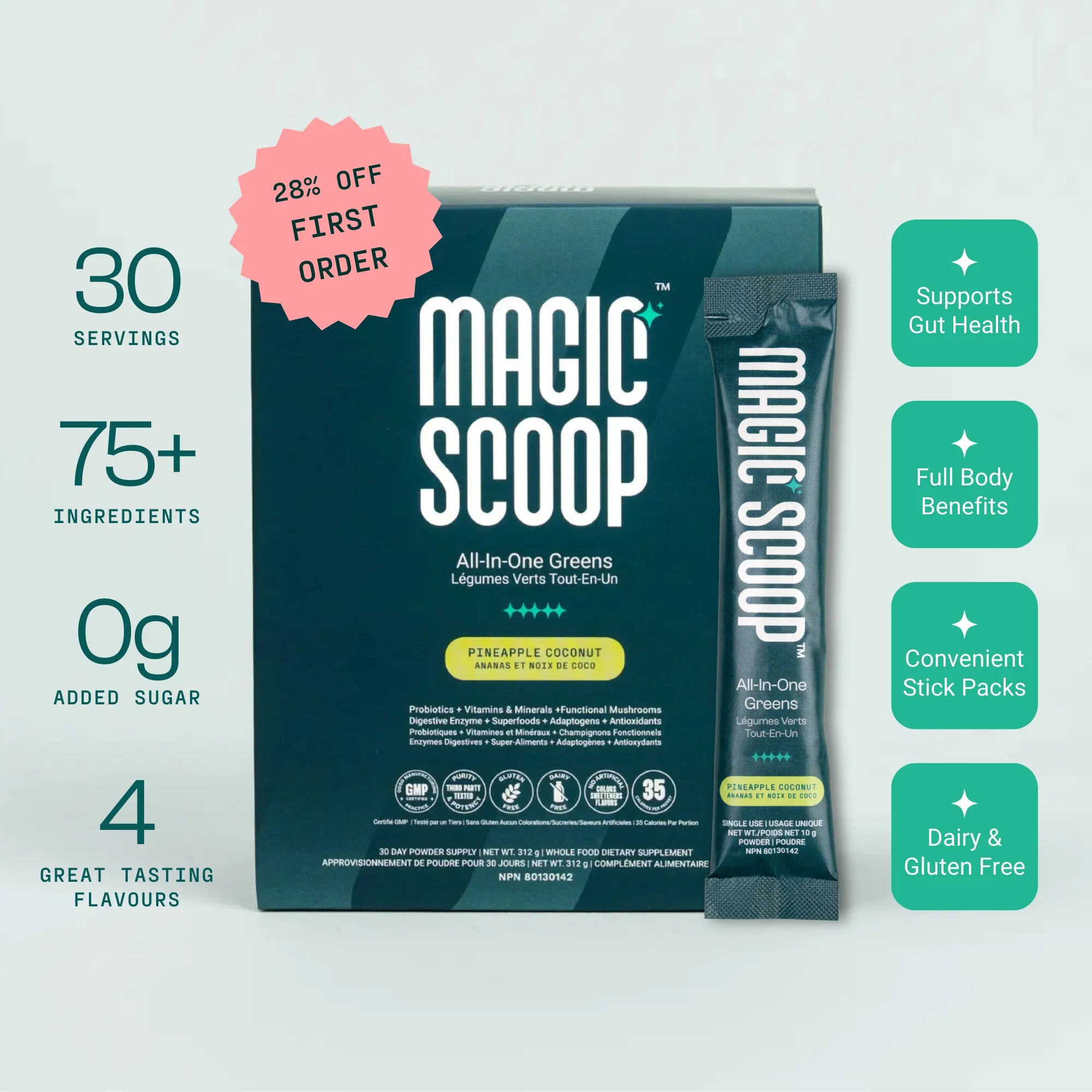 Magic Scoop All-In-One Greens Pineapple Coconut superfood greens powder with 75+ ingredients, 30 servings, 0g added sugar, convenient daily stick pack supplement supporting gut health and wellness.