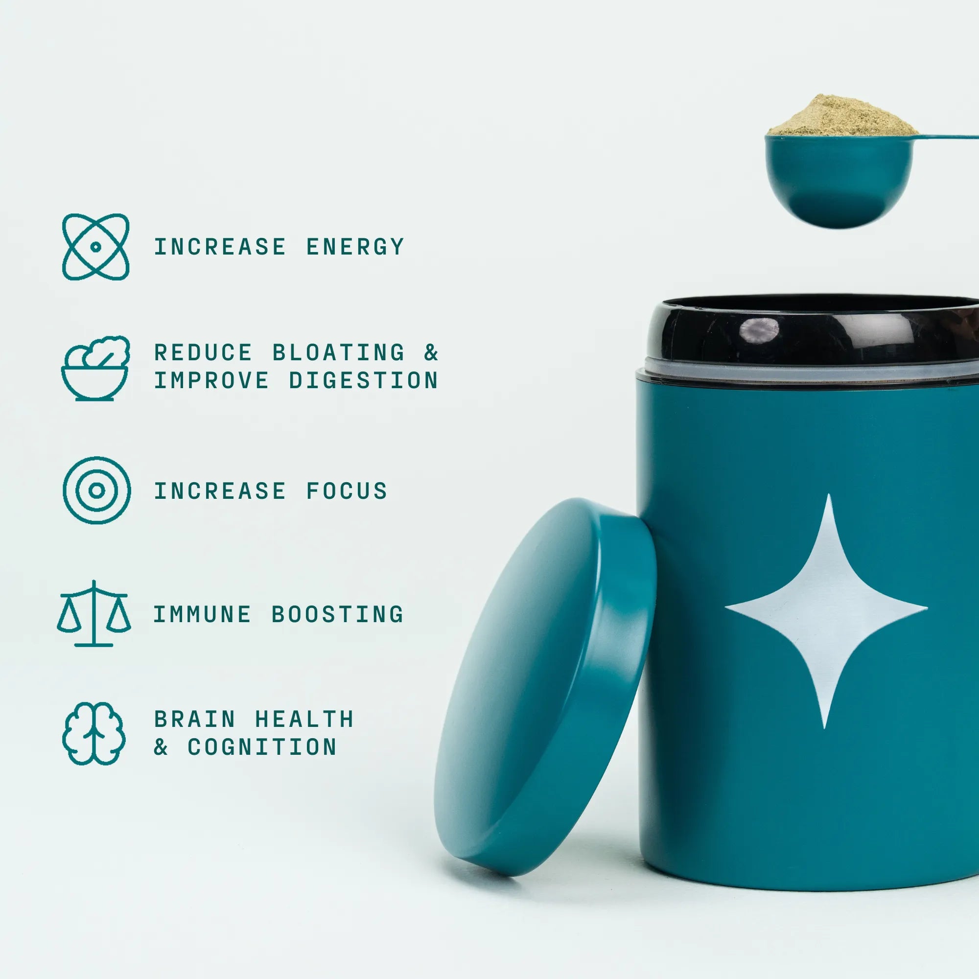 Magic Scoop Canister & Scoop with a star design, scoop, and health benefits listed on a light mint background.