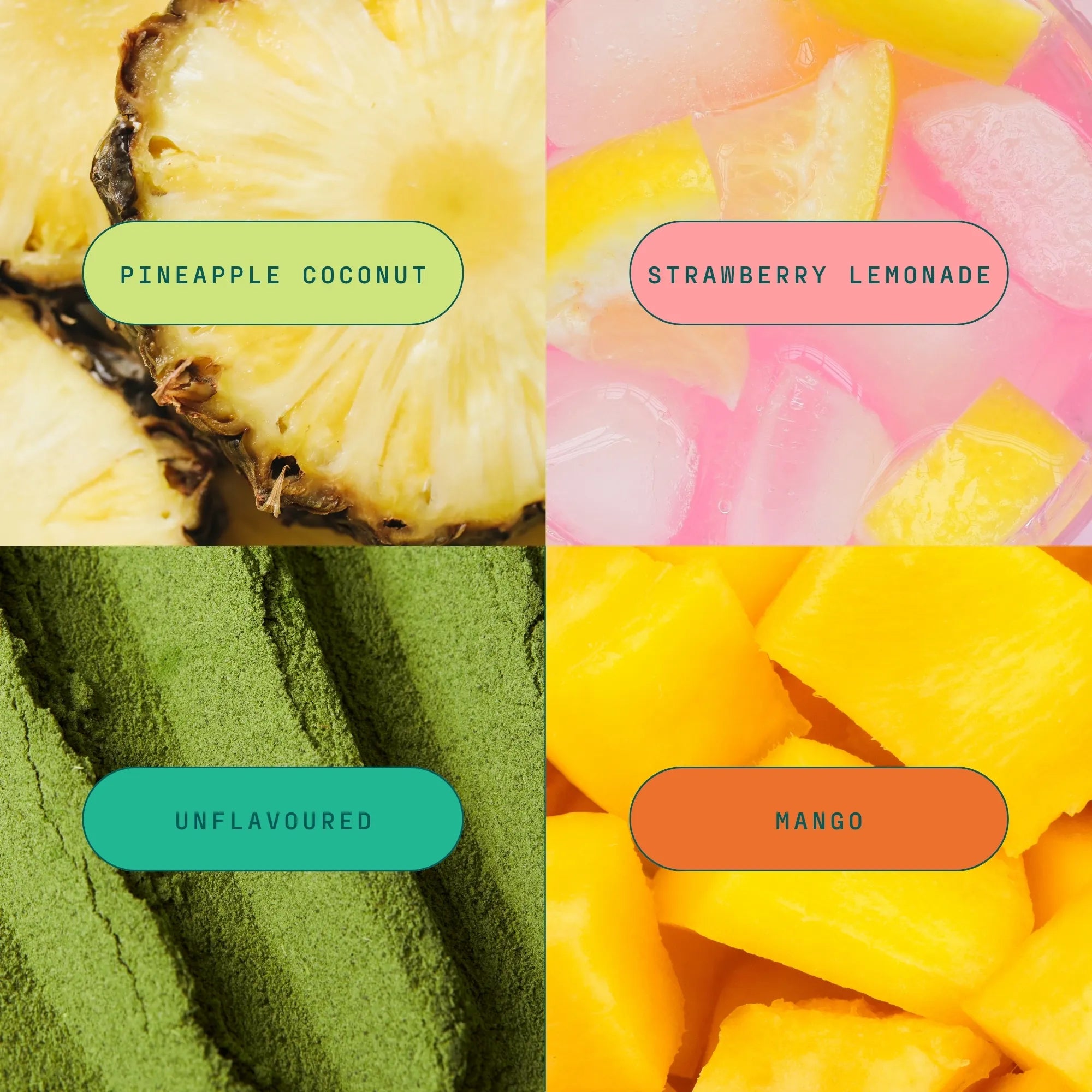 Four different fruit flavours labeled: Pineapple Coconut, Strawberry Lemonade, Unflavored, and Mango.