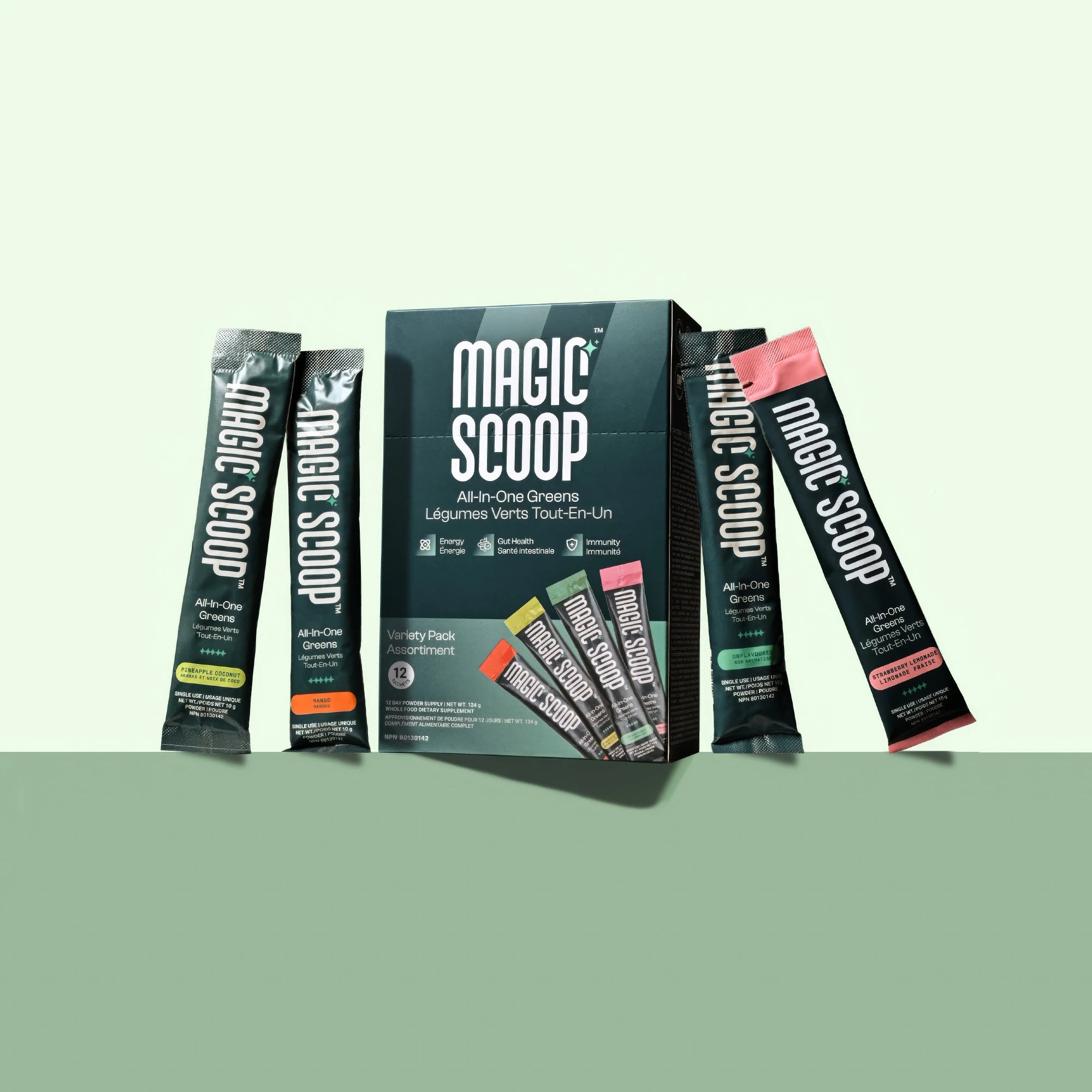 Magic Scoop All-In-One Greens 12 Day Variety Pack box with Pineapple Coconut, Mango, Unflavoured and Strawberry Lemonade Stick Packs