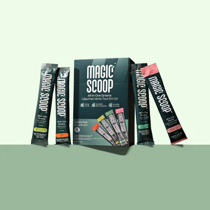 Magic Scoop All-In-One Greens 12 Day Variety Pack box with Pineapple Coconut, Mango, Unflavoured and Strawberry Lemonade Stick Packs