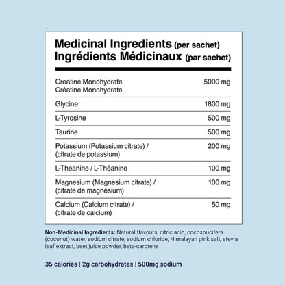 Magic Scoop Electrolytes + Creatine medicinal ingredients panel per sachet, including 5000mg creatine monohydrate, 1800mg glycine and 500mg sodium