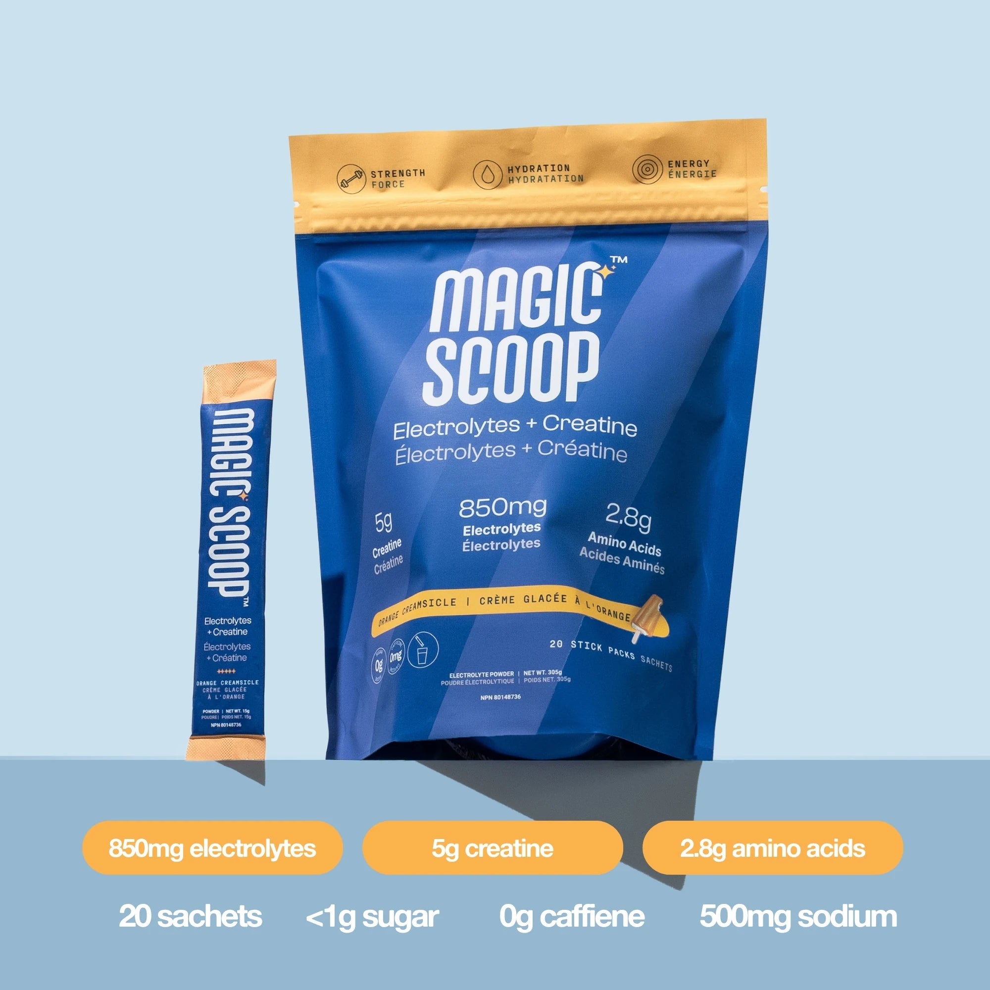 Magic Scoop Electrolytes + Creatine Orange Creamsicle Stick Packs pouch with 20 sachets, 850mg electrolytes, 5g creatine and 2.8g amino acids