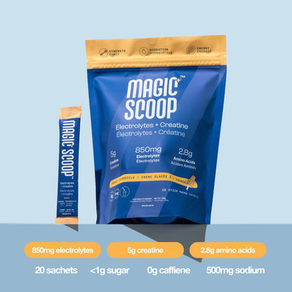 Magic Scoop Electrolytes + Creatine Orange Creamsicle Stick Packs pouch with 20 sachets, 850mg electrolytes, 5g creatine and 2.8g amino acids