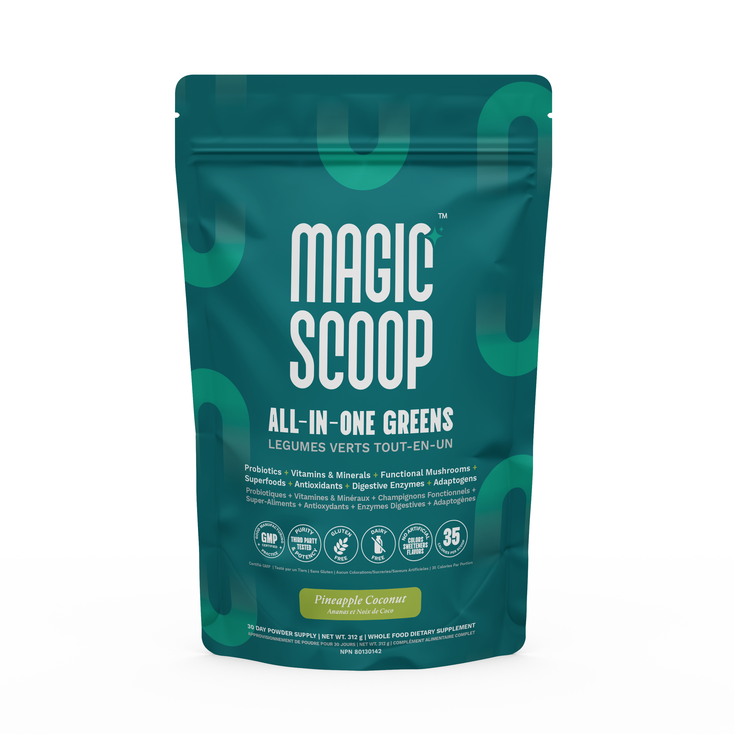 Magic Scoop All-In-One Greens bag in Pineapple Coconut flavor, featuring vibrant green packaging with product benefits like probiotics, vitamins, minerals, and functional mushrooms highlighted on the front.