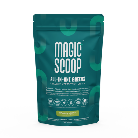 Magic Scoop All-In-One Greens bag in Pineapple Coconut flavor, featuring vibrant green packaging with product benefits like probiotics, vitamins, minerals, and functional mushrooms highlighted on the front.