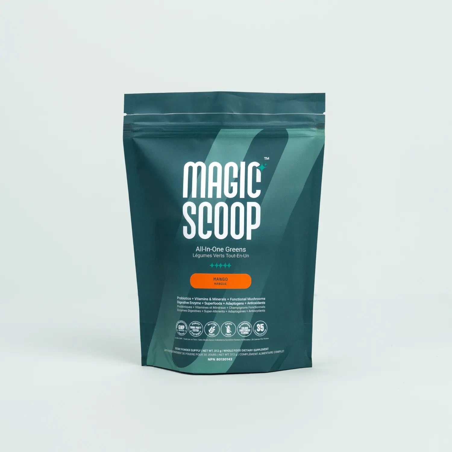 Magic Scoop All-in-One Greens powder pouch in Mango flavour, featuring probiotics, vitamins, minerals, functional mushrooms, and digestive enzymes