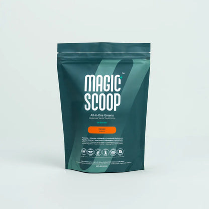 Magic Scoop All-in-One Greens powder pouch in Mango flavour, featuring probiotics, vitamins, minerals, functional mushrooms, and digestive enzymes