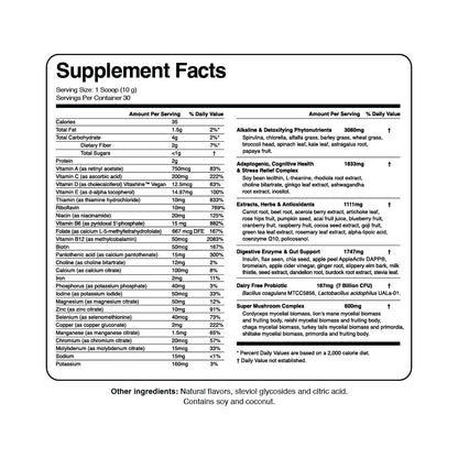 Magic Scoop Supplement Facts panel displaying nutrition information and ingredient breakdown, including vitamins, minerals, probiotics, adaptogens, enzymes, and superfood complexes per 10g serving