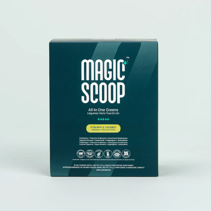 Magic Scoop All-in-One Greens 30-Day Stick Packs in Pineapple Coconut flavour, featuring probiotics, vitamins, minerals, functional mushrooms, and digestive enzymes