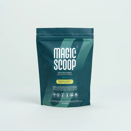 Magic Scoop All-in-One Greens powder pouch in Pineapple Coconut flavour, featuring probiotics, vitamins, minerals, functional mushrooms, and digestive enzymes