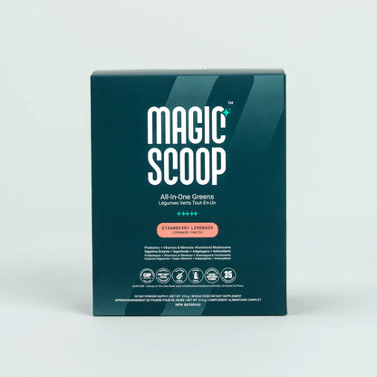 Magic Scoop All-in-One Greens 30-Day Stick Packs in Strawberry Lemonade flavour, featuring probiotics, vitamins, minerals, functional mushrooms, and digestive enzymes
