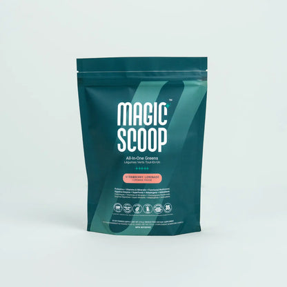 Magic Scoop All-in-One Greens powder pouch in Strawberry Lemonade flavour, featuring probiotics, vitamins, minerals, functional mushrooms, and digestive enzymes