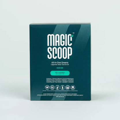Magic Scoop All-in-One Greens 30-Day Stick Packs in Unflavoured flavour, featuring probiotics, vitamins, minerals, functional mushrooms, and digestive enzymes
