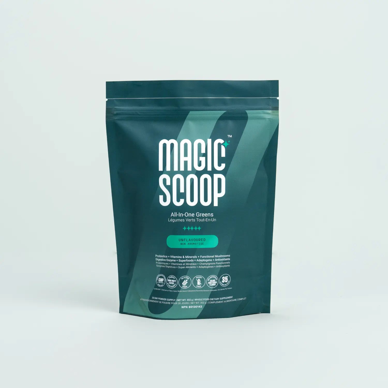 Magic Scoop All-in-One Greens powder pouch in Unflavoured flavour, featuring probiotics, vitamins, minerals, functional mushrooms, and digestive enzymes