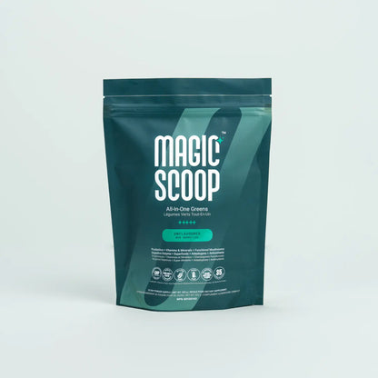 Magic Scoop All-in-One Greens powder pouch in Unflavoured flavour, featuring probiotics, vitamins, minerals, functional mushrooms, and digestive enzymes