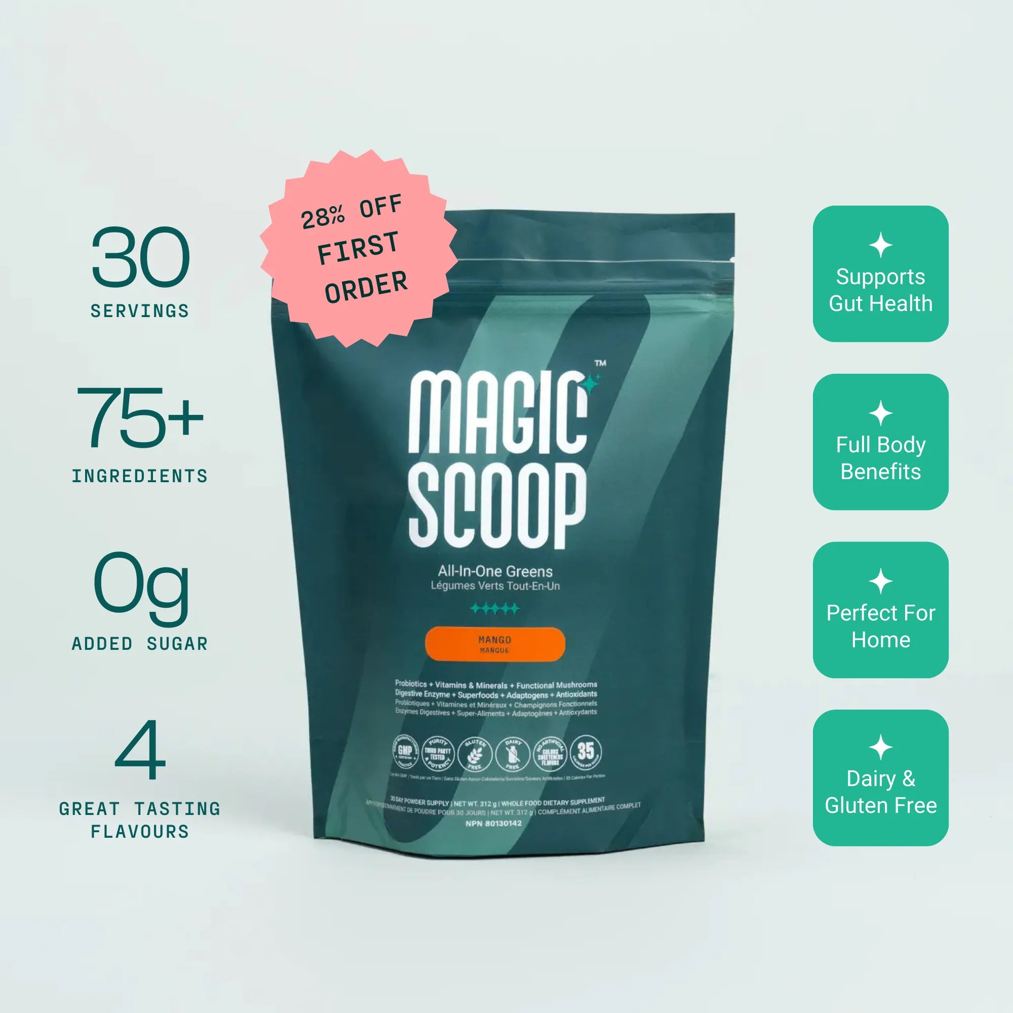 Magic Scoop All-In-One Greens Mango superfood greens powder with 75+ ingredients, 30 servings, 0g added sugar, convenient daily stick pack supplement supporting gut health and wellness.