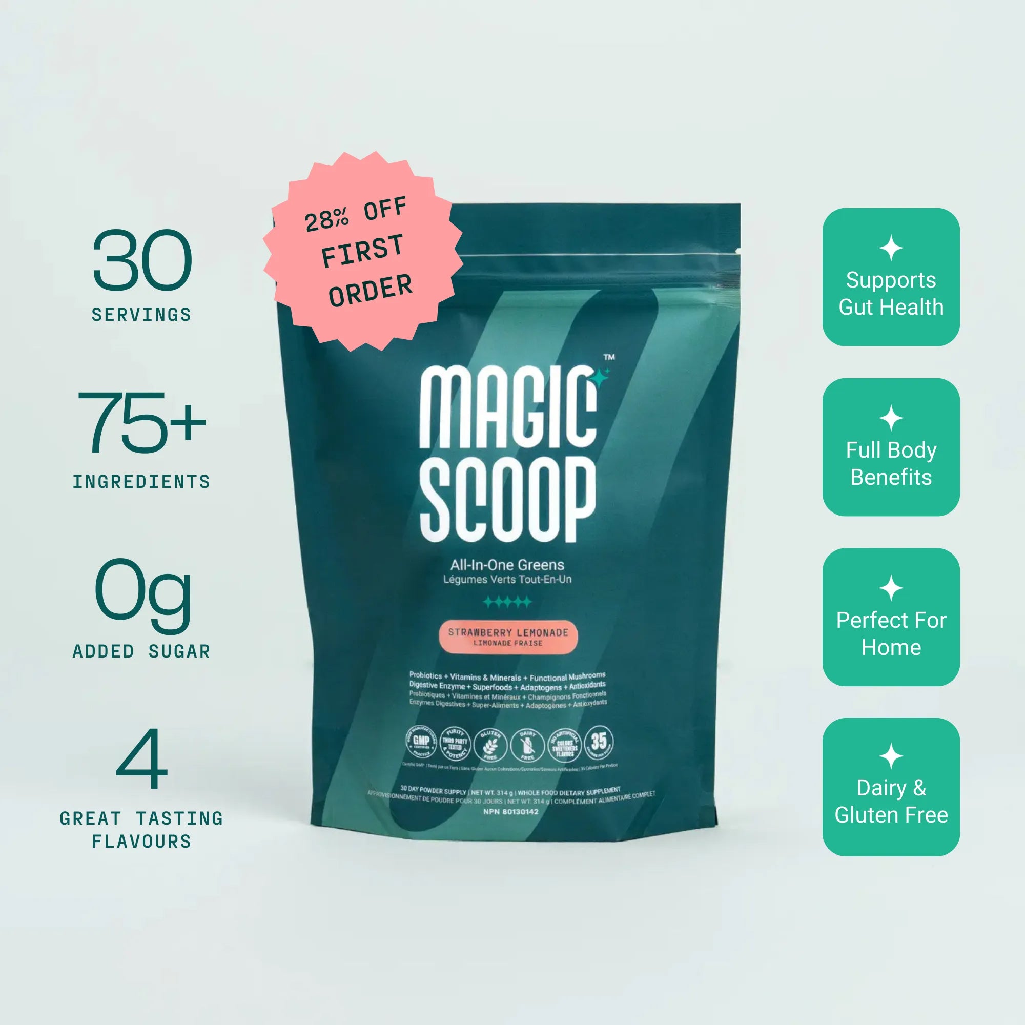Magic Scoop All-In-One Greens Strawberry Lemonade superfood greens powder with 75+ ingredients, 30 servings, 0g added sugar, convenient daily stick pack supplement supporting gut health and wellness.