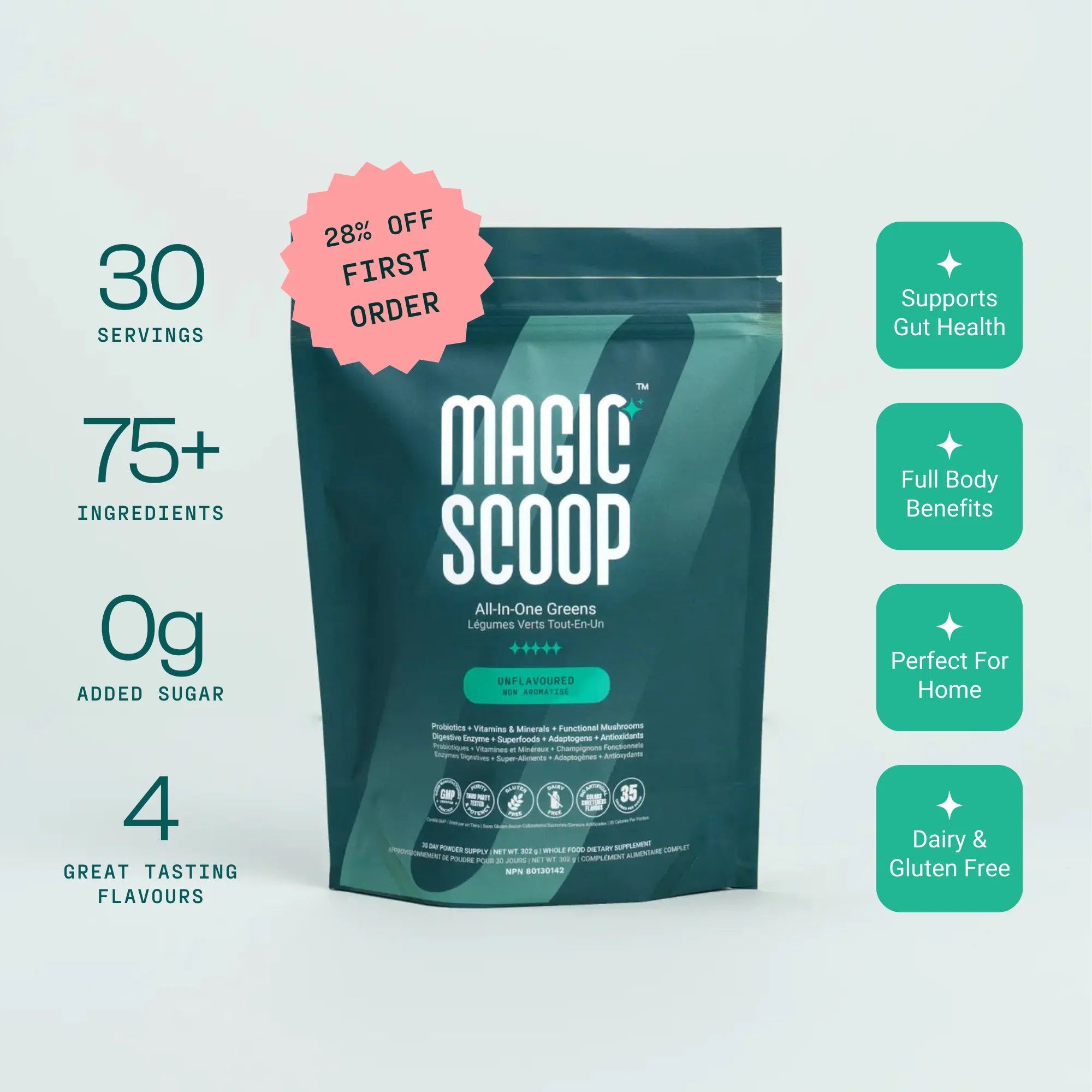 Magic Scoop All-In-One Greens Unflavoured superfood greens powder with 75+ ingredients, 30 servings, 0g added sugar, convenient daily stick pack supplement supporting gut health and wellness.