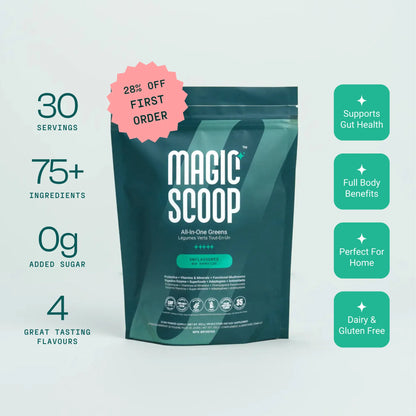 Magic Scoop All-In-One Greens Unflavoured superfood greens powder with 75+ ingredients, 30 servings, 0g added sugar, convenient daily stick pack supplement supporting gut health and wellness.