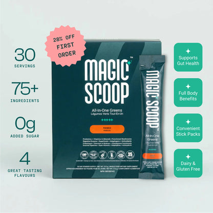 Magic Scoop All-In-One Greens Mango superfood greens powder with 75+ ingredients, 30 servings, 0g added sugar, convenient daily stick pack supplement supporting gut health and wellness.