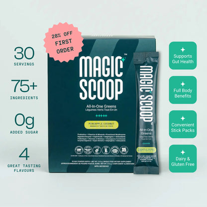 Magic Scoop All-In-One Greens Pineapple Coconut superfood greens powder with 75+ ingredients, 30 servings, 0g added sugar, convenient daily stick pack supplement supporting gut health and wellness.