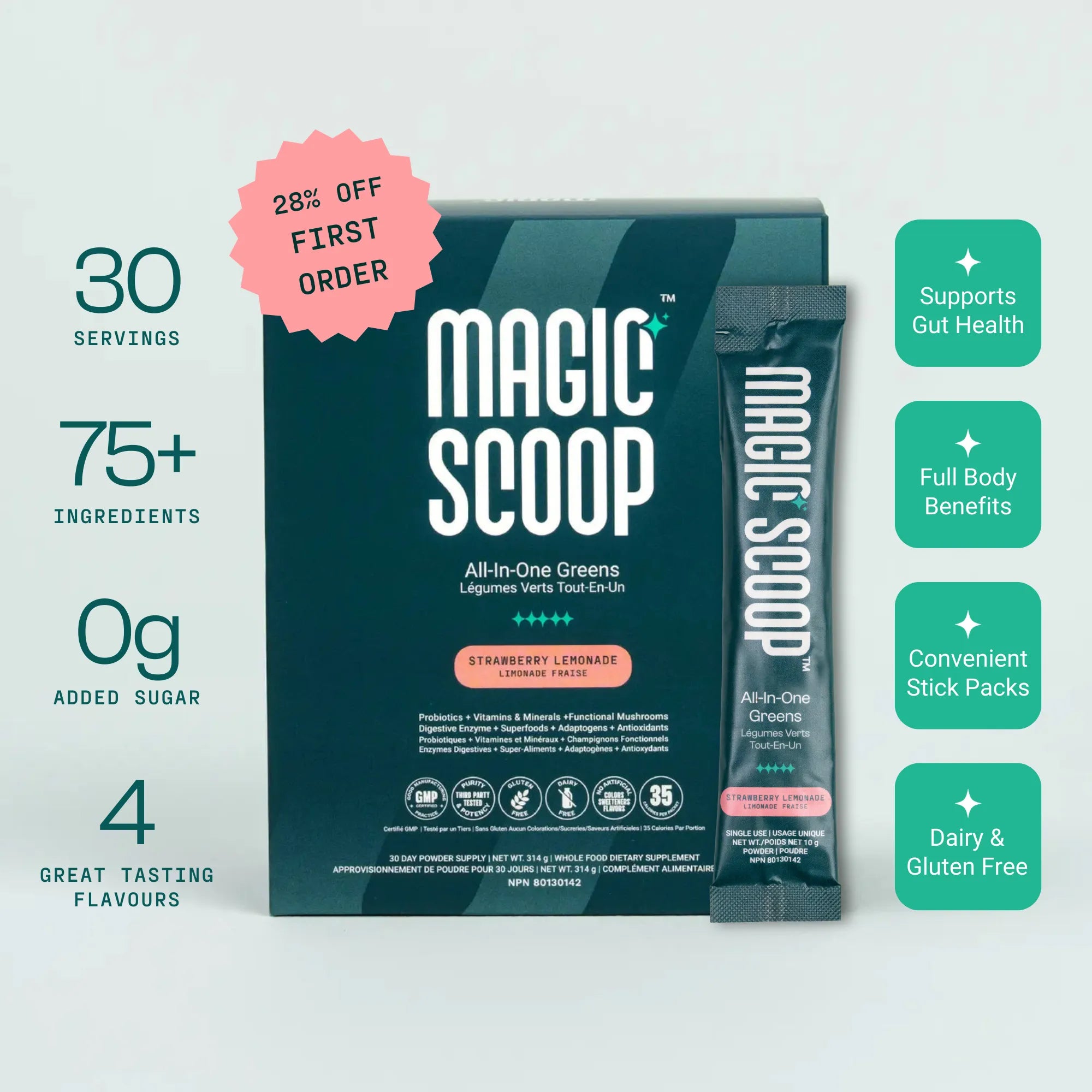 Magic Scoop All-In-One Greens Strawberry Lemonade superfood greens powder with 75+ ingredients, 30 servings, 0g added sugar, convenient daily stick pack supplement supporting gut health and wellness.