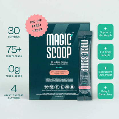 Magic Scoop All-In-One Greens Strawberry Lemonade superfood greens powder with 75+ ingredients, 30 servings, 0g added sugar, convenient daily stick pack supplement supporting gut health and wellness.