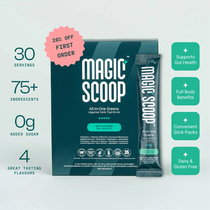 Magic Scoop All-In-One Greens Unflavoured superfood greens powder with 75+ ingredients, 30 servings, 0g added sugar, convenient daily stick pack supplement supporting gut health and wellness.